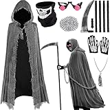 Sensenmann Kostüm Herren Set - 7er - Geister Sensenmann Umhang Erwachsene mit Maske & Sense & Kette & Rote Brille & Handschuhe,Halloween Kostüm Herren Damen Grim Reaper Tod Kostüme Sensenmann