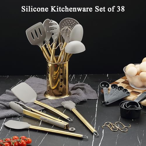 Set di utensili da cucina dorati, Kyraton 38 pezzi da cucina in silicone antiaderente, setdi cucchiai e spatole con robusto supporto per utensili in acciaio inox - immagine 4