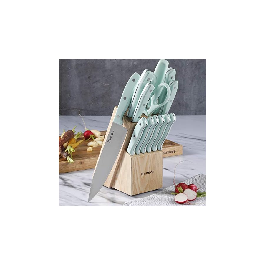 Kenmore Kane Stainless Steel Forged Triple Riveted Cutlery Knife Block Set, 14-Piece, Glacier Blue