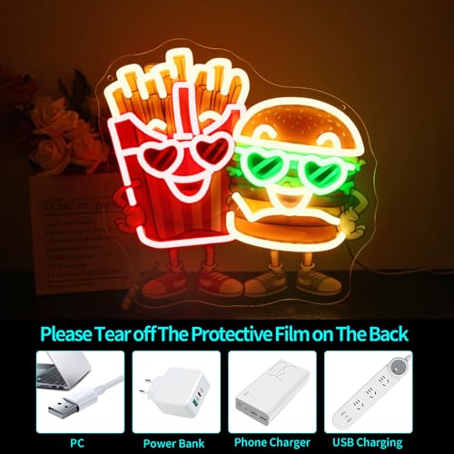 Image of Neon Sign, HSJNJKFU Hamburger and Fries LED Sign, UV Printed Neon Light Signs for Wall Decor, Kitchen, Cafe, Restaurant, Man Cave, Foodie Room Decor - USB Powered