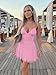 Mokoru Women's Sexy Sleeveless Spaghetti Strap Mini Dress Ruched Ruffle Hem V Neck Short Party Dresses, Small, Pink