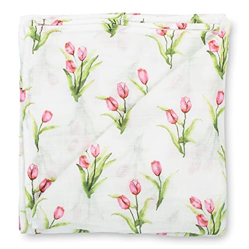 Image of LollyBanks Baby Swaddle Blanket, 100% Muslin Cotton Muslin Blankets for Girls, Large 47 x 47 Inches Soft and Breathable Swaddles for Newborns, Gentle Baby Wrap Swaddle, Registry (Tulip Print)