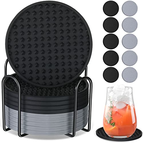 ドリンクコースター 10枚セット ホルダー付き 滑り止めシリコンコースター 卓上保護 洗濯可能なカップコースター 耐熱バーコースター コーヒーコースター ドリンク用 木製ガラスストーンテーブル ブラック グレー