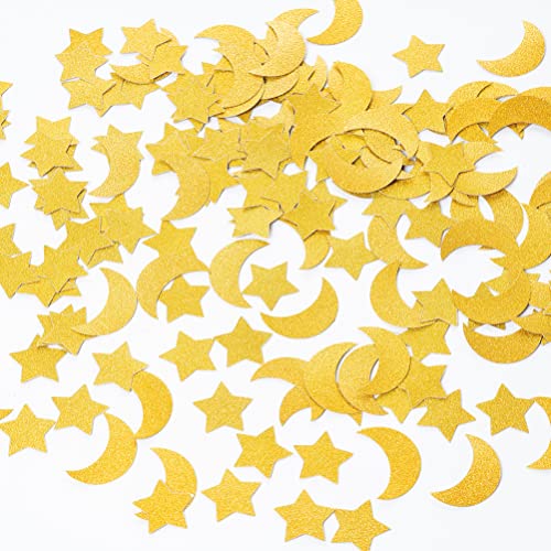 Image of MOWO Gold Confetti Star and Moon Table Decoration, 1.2'', 200pc | Wedding Birthday Eid Party Decoration, baby shower, graduation