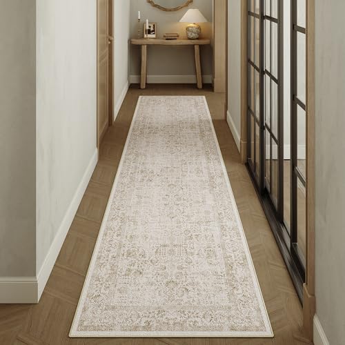 Light Brown Runner Rug 2x8 Hallway Machine Washable Kitchen Vintage Distressed Non Slip Long Carpet Indoor Retro Floral Bedroom Accent Throw Rug for Bathroom Office Laundry Dining Room