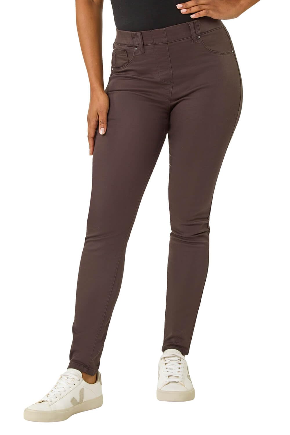 Roman Women's Chocolate Petite Stretch Denim Elastic Waist Jegging In Size 18