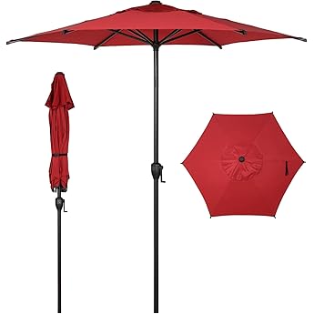 7.5FT Outdoor Patio Umbrella, Table Market Umbrella With Push Button Tilt and Crank, 6 Sturdy Ribs UV Protection Waterproof for Garden, Deck, Backyard, Pool (Red)