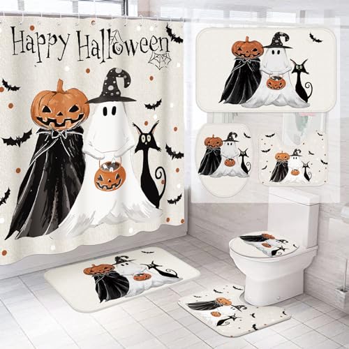 4 Pcs Halloween Ghost Shower Curtain Set 72' Halloween Bathroom Decor...