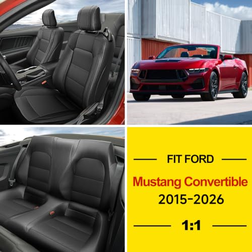 Image of GIANT PANDA Custom Fit Full Set Car Seat Covers for Ford Mustang Convertible 2015 2016 2017 2018 2019 2020 2021 2022 2023 2024 2025 2026, Faux Leather, Black