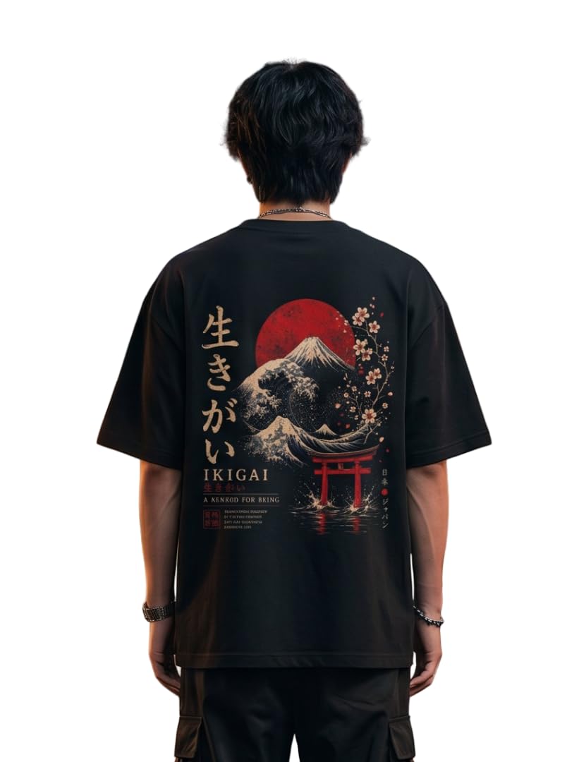 OBZRV Men's Cotton Oversized T-Shirt Black Black Ikigai - Image 1