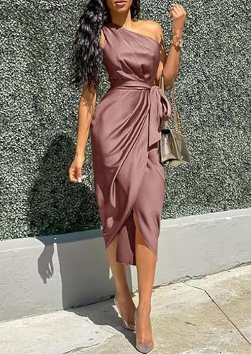 Image of PRETTYGARDEN Women's Summer One Shoulder Ruched Satin Dress Sleeveless Wrap Spring Wedding Guest Cocktail Midi Dress