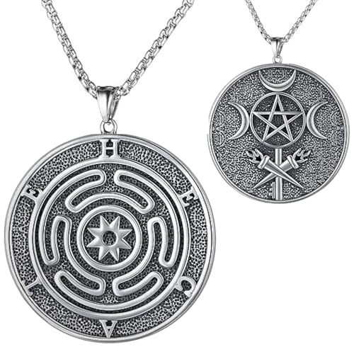 YWMAN Hecate Necklace for Women Men Triple Moon Goddess & Hekate Wheel Pendant Mystical Stainless Steel Jewelry for Witchcraft Wiccan Gifts Spiritual Protection & Magic