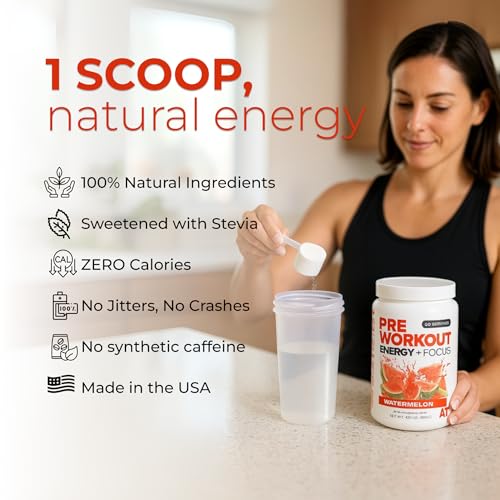 Image of About Time Pre Workout Energy + Focus, Watermelon | 60mg Caffeine from Green Tea, Natural Flavors, No Jitters or Crashes, No Stim, Gluten Free, Sugar Free, 60 Servings