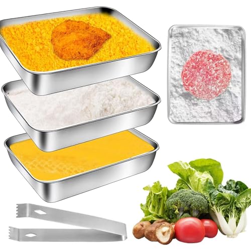 Panierschalen Set 3 Teilig aus Edelstahl, 25cm x 19cm x 5cm Panierstraße Schalen, Edelstahl Panier Panierstrasse, Gastro Behälter für Schnitzel, Fleisch, Fisch und Gemüse