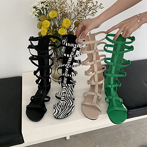 Hbeylia Womens Knee High Caged Gladiator Strappy Flat Sandals,Sandals for Women Flat,Summer Strappy Lace Up Open Toe Fashion Knee High Flat Sandal Gladiator Sandals3