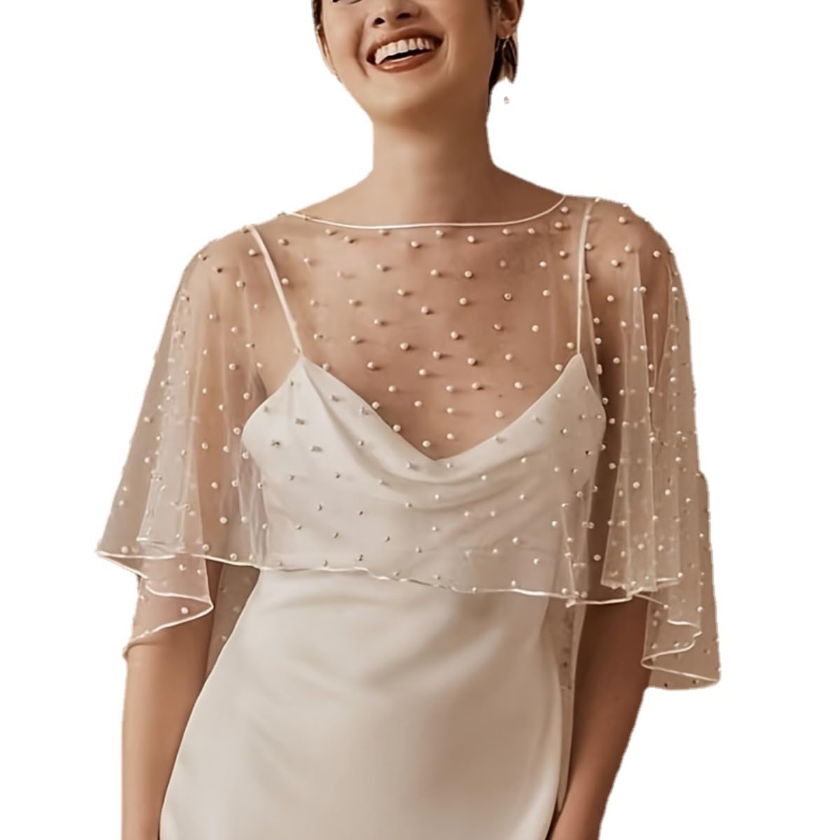 FGRID Elegant Imitation Pearl Mesh Shawl Lvory Thin Breathable Pullover Cape Bridal Wedding Dress Outside Shawl