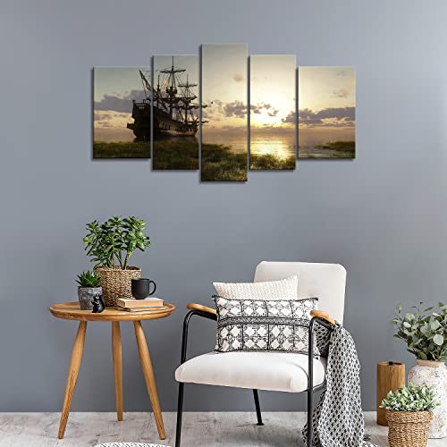 5 Panel Wall Art Painting Fantasy Ship Sailing Boat in Lake Sunset Prints on Canvas The Picture Seascape Pictures Oil for Home Modern Decoration Print Decor - Image 5