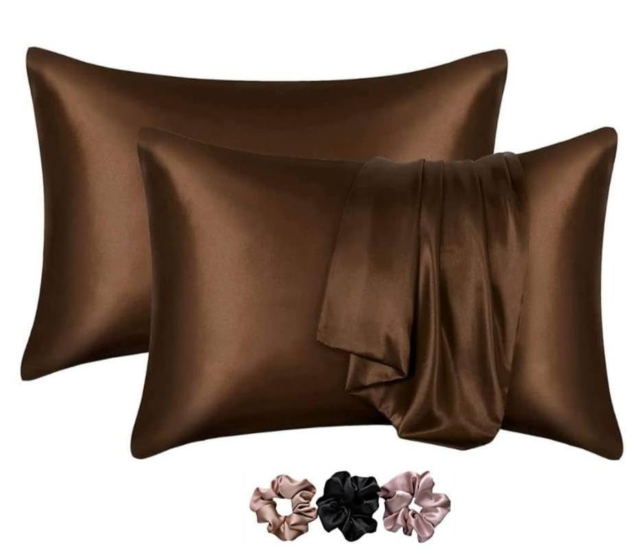 Go well Satin Silk Pillow Covers Pack of 2 for Hair and Skin-with Satin Scrunchies for Women Stylish|Satin Pillow Cover for Hair and Skin|scrunchies for Women 3-Piece|Silk Pillow case(Coffee) 600TC