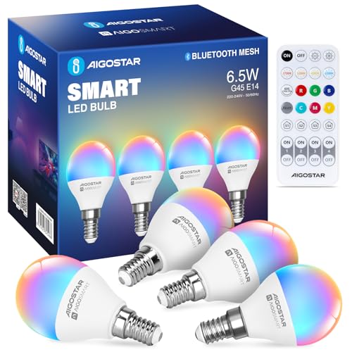 Aigostar Mesh - Lampadina Smart Alexa Bluetooth 6.5W G45 E14 LED, RGB & 2700K-6500K, 555LM, 4 Unità (Con Telecomando Bluetooth)