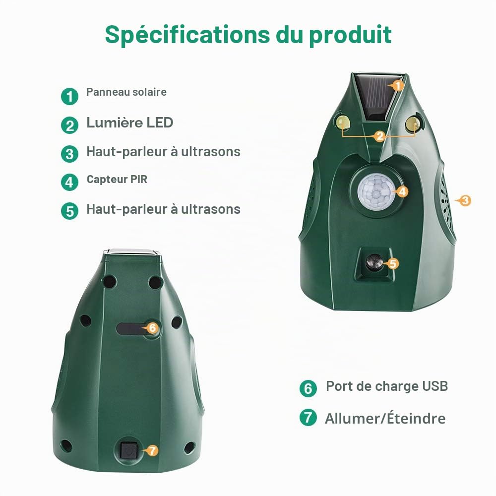 Répulsif Chat Extérieur, Repulsif Ultrason Chat Solaire Ultrason Anti Chat Chien, Charge de Solaire USB, Répulsif Chat Chien Jardin pour Chats, Oiseaux, Renard, Souris et Rat, Pigeon, Lapin