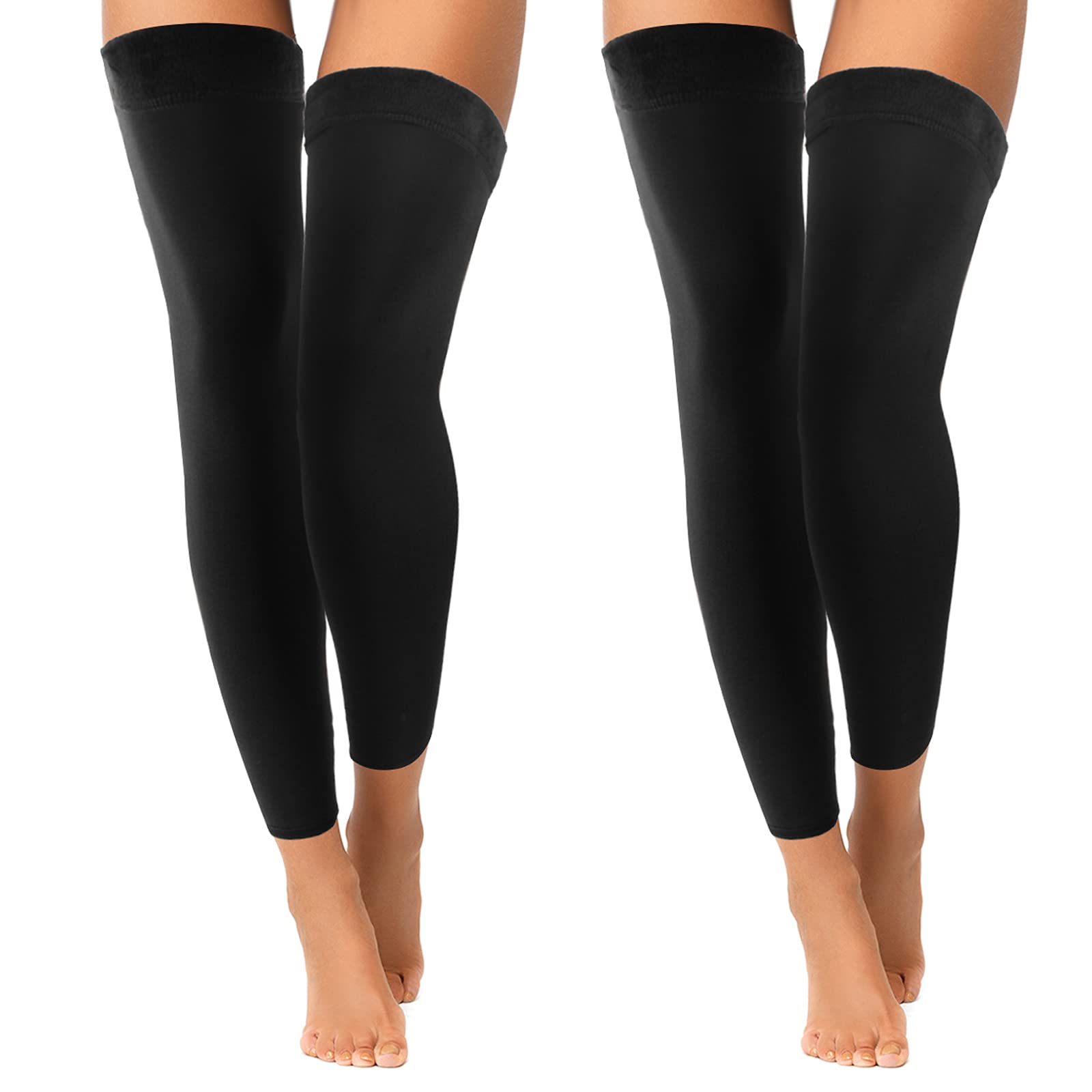 2 Pairs Fleece Leg Warmers Women Over Knee Winter Thick Fleece Lining Elastic Socks for Winter Compression Socks (Black,Footless Style)