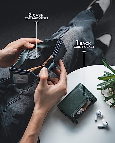 VULKIT Minimalist Leather Rfid Blocking Trifold Wallet with Elastic Band Credit Card Holder with 6 ID windows & Zipper Pocket for Men (Green)4