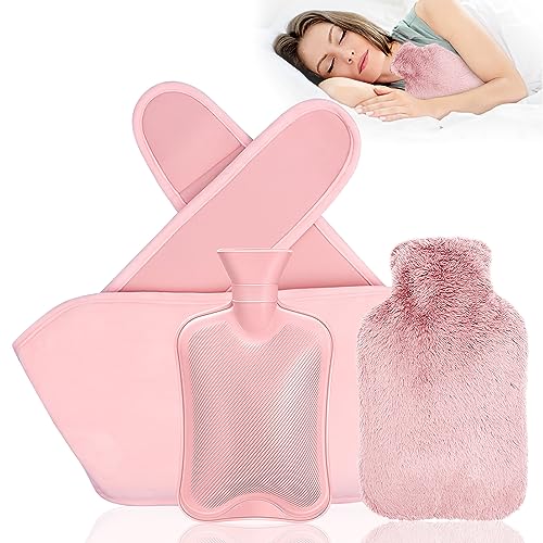 Bolsa de Agua Caliente de 1 Litro,Kit de Botella de Agua Caliente 3 En 1 Con Funda Suave Y Cubierta de Cintura de Felpa,Bolsa Térmica Colicos Para Alivio del...