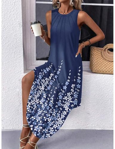 Image of Zeagoo Women Floral Summer Casual Beach Printed Tank Dress with Pockets Pleated Front Long Dress