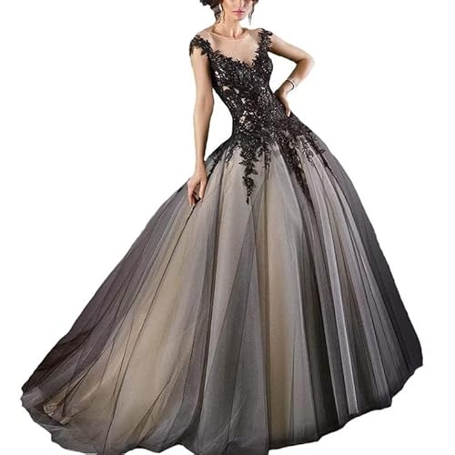 JAEDEN Schwarze Brautkleider Tüll Hochzeitskleider Spitzenapplikation Ballkleider Gothic Vampir-Brautkleid Schwarz 50