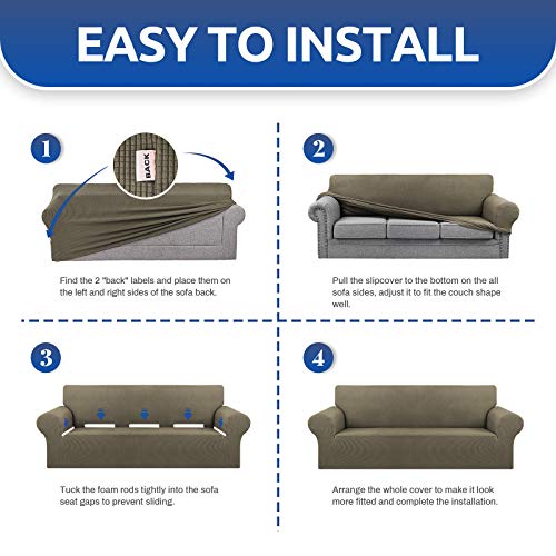 KEKUOU Stretch Oversized Sofa Slipcover 1 Piece Couch Sofa Cover (94"-110") Furniture Protector 4 Seater Sofa with Elastic Bottom for Kids,Pet.Jacquard Checked Pattern Fabric(X Large,Khaki)