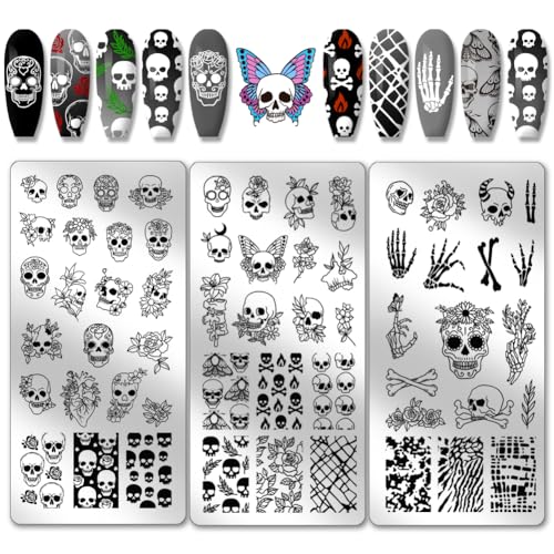 PH PandaHall 3pcs Halloween Tampon à Ongles Tête de Mort Gothique Plaques D'Image D'Ongle en...