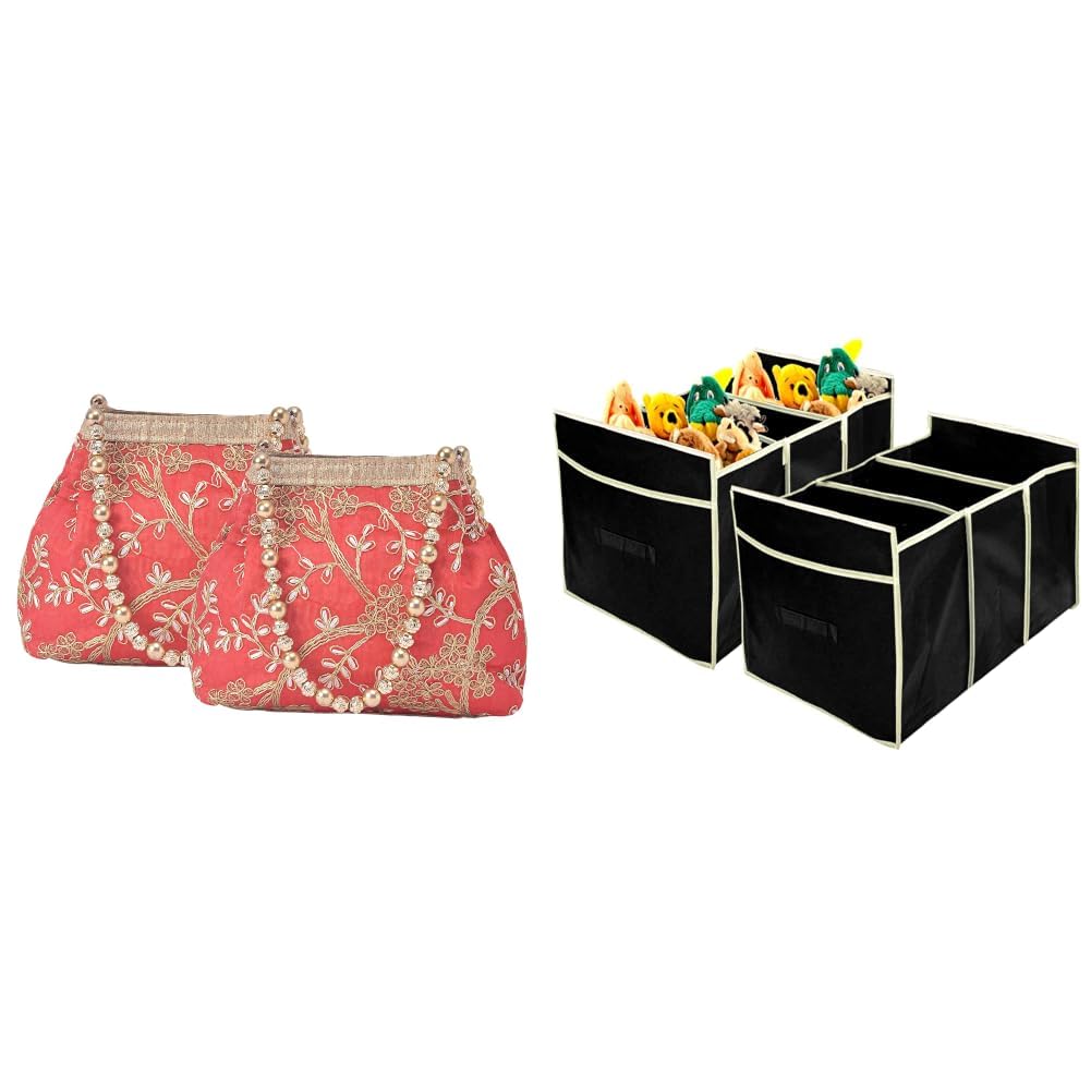 Pack of 2 Potli Bags for Ladies & Girls | Women Shagun Pouches for Festive Seasons | + Collapsible Portable Heavy Duty Cargo Trunk Organizer with 3 Compartments (Black)-image-24