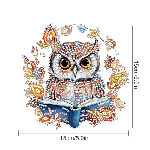 Image of AiYuanzsh Owl Diamond Painting Hanging Kit, 5D DIY Acrylic Special Shaped Rhinestone Diamond Art Pendant Ornament with Leaf Wreath for Wall, Door, or Garden Decor, Birthday & Holiday Gift for Adults