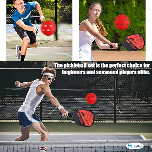 Image of FunBlast Pickle Ball Racket Set - 2 Premium Wood Rackets with 4 Balls & Portable Carry Bag, Ideal for Kids, Men & Women - Durable & Lightweight, Outdoor Activities (Red)