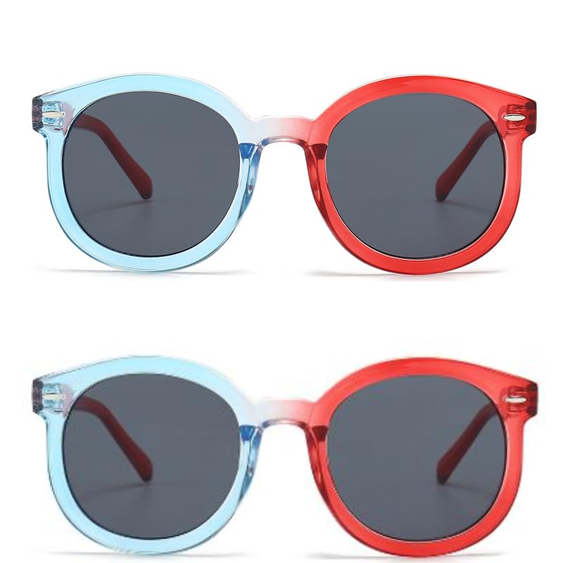 ZFVTFC Round Two-Tone Sunglasses with Blue and Red Frames, Dark Gray Lens Protection, Fashion Eyewear
