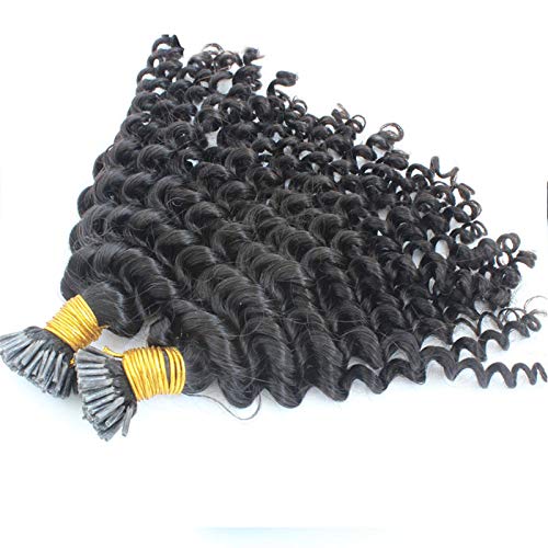 Loose Deep Curly Micro Link Hair Extensions Human Hair I Tip 1g/strand 100g Brazilian Machine Remy Pre-bonded Curly Nano I Tip Hair (14inch, Color 1#)