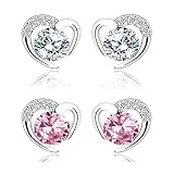Silver Stud Earrings for Women, Stud Earrings White Gold Pink Cubic Zirconia Heart Studs│Dainty Earrings Jewellery Gifts for Girls 2 Pairs