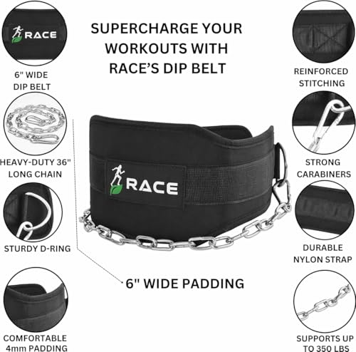 Image of RACE Dip Belt for Weightlifting, Pull-Ups, Powerlifting, Squats & Bodybuilding | 36 Inches Heavy Duty Stainless Steel Chain Free Size Belt With Neoprene Padded Back Support For Fitness Trainings (Black)