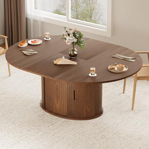 Dining Table for 4-6, 63“Extendable Round Dining Room Kitchen Table with 2-Tier Storage Shelf, Fluted Wood Table with Slide Door, Expandable Wood Oval Dinner Furniture with Pedestal Base (Walnut)