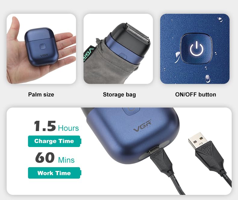 VGR V-340 shaver connected to a Type-C charging cable, illustrating the 1.5 hours charge time and 60 minutes work time.