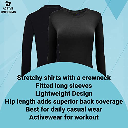 ACTIVE UNIFORMS Women's Under Scrub Tee Crew Neck Long Sleeve T-Shirt 2- Pack (Black, X-Large)