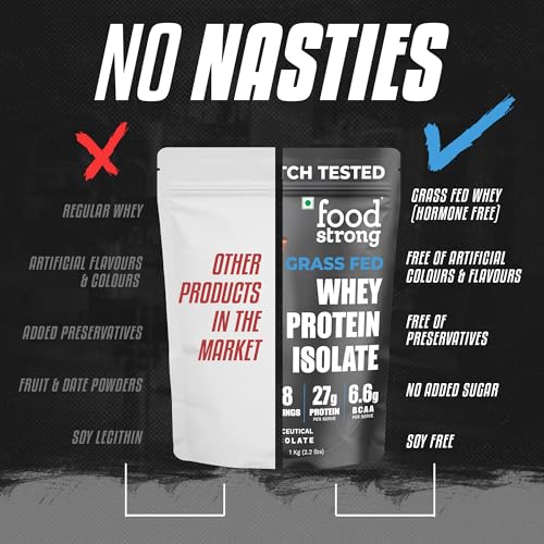 Image of Foodstrong Whey Protein Isolate, 100% Hormone Free Grass-Fed Whey, 27G Protein & 6.6G BCAA, Chocolate, With Turmeric & Digestive Enzymes, 1KG