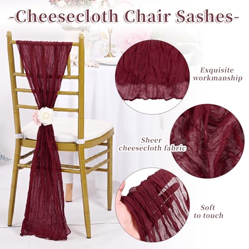 REWOMC 50 PCS Cheesecloth Chair Sashes, 15.7x70 inch Bows Designed Chair Sashes, Chair Cover Chair Sashes Decorations, Universal Chair Decoration for Wedding Reception Banquet Party (Burgundy) - Thumbnail 3
