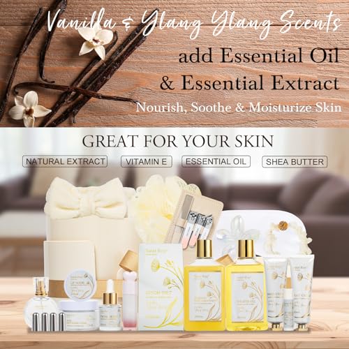 Image of Mothers Day Gifts for Women, 23Pcs VANILLA & YLANG YLANG Spa Gift Basket for Women, Face Skin Lip Care, Bath & Body Set, Self Care Kit, Facial Cream, Birthday, Christmas, Valentines, Anniversary