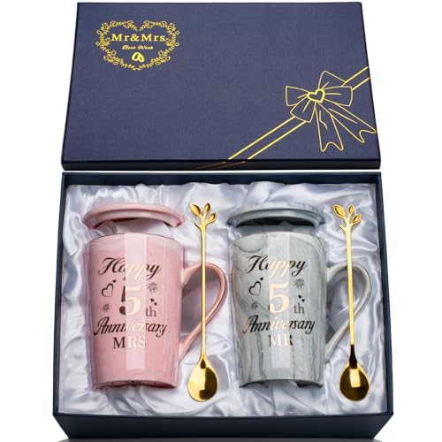 Quinto aniversário casal, presentes 5 anos aniversário casamento 2 peças canecas 400 ml para casais ou casamentos, presente casamento 5 aniversário casamento cerâmica jaspeada caneca com colheres