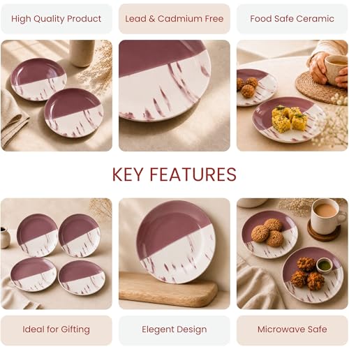 Image of The Earth Store Dual Tone Magenta Italian 7 Inch Ceramic Quarter Plates Set of 4 | Microwave & Dishwasher Safe Plate | Half Plate for Dessert, Snacks, Dinner | Snack Plates for Gifting, Daily Use