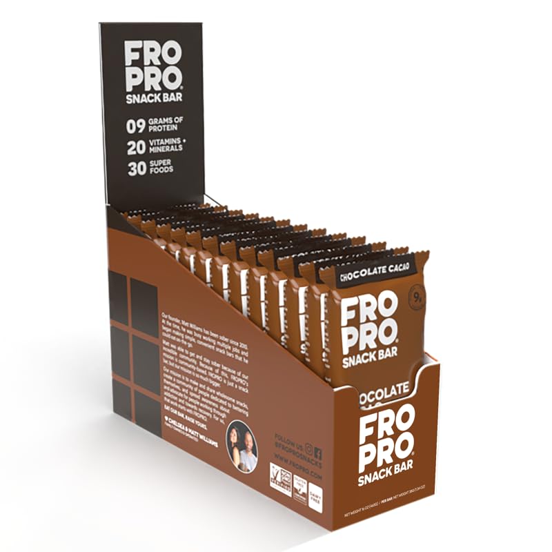 FRO PRO Plant Protein Snack Bars - Organic Plant Based Protein Bars, All-Natural, Gluten, Dairy, & Soy Free, High Protein Bars with Low Calories | Cacao, 12 Pack