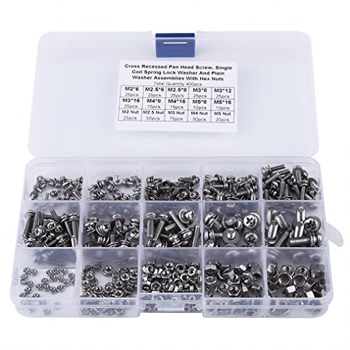 Samfox Bolts and Nuts Set Screw Set 400Pcs M2-M5 304 Stainless Steel Cross Pan Head Screws Nuts and Washer with Storage Box for Home Office