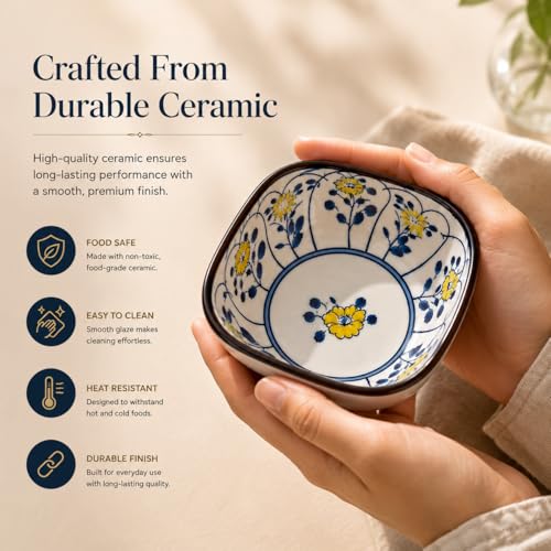 Image of Japanese Ceramic Snack Bowl Set of 6 | 200ml Small Serving Bowls for Dips, Soy Sauce, Chutney & Snacks, Hand-Painted Floral Design, Microwave & Dishwasher Safe (Kyoto Vine)