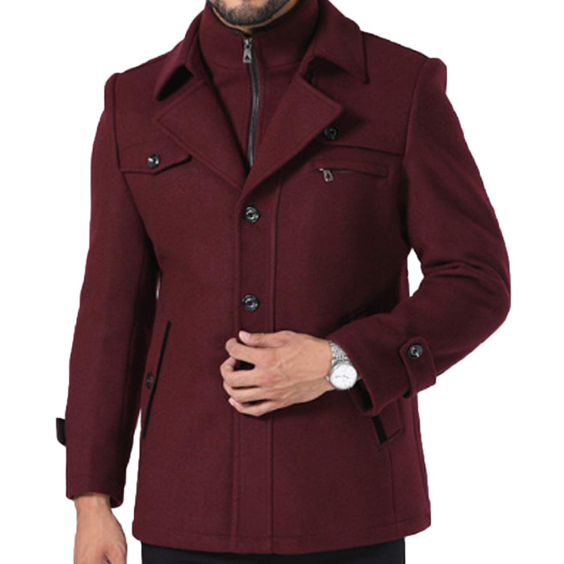 ONLYWOOD Men Single Breasted Double Collar Quilted Lined Wool Blend Pea Coat